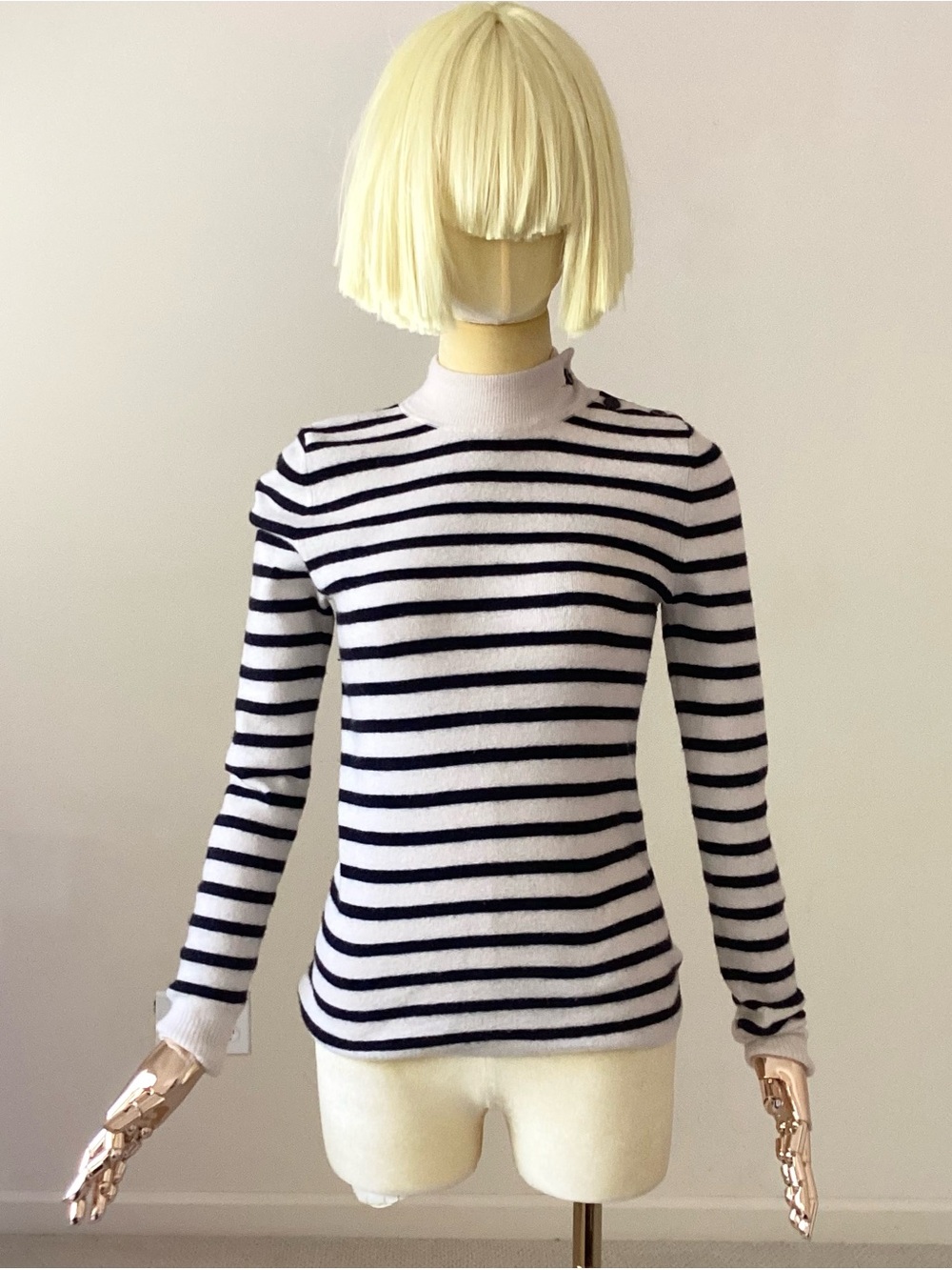 Nili Lotan Striped Wool Black and Cream Mock Neck Top SZ M